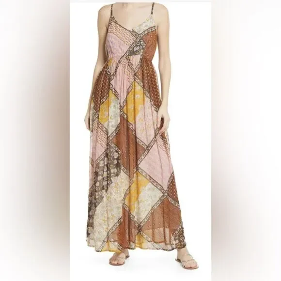 NWT RAGA Jenya Brown Boho Patchwork Maxi Dress Size Small - Picture 1 of 16